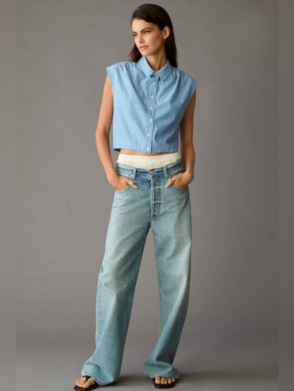 Anthropologie Maeve Blue And White Striped Capped Sleeve Button-Down Crop Top. - Picture 2 of 7